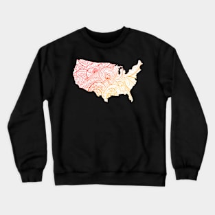 Colorful mandala art map of the United States of America in red and yellow with white background Crewneck Sweatshirt